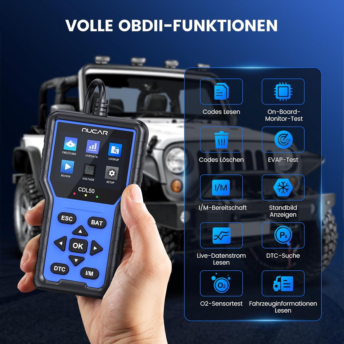 OBD2 Diagnosegerät, MUCAR CDL50 OBD2/EOBD Diagnosegerät Auto Mit Vollen OBD2-Funktionen, Auto Auslesegerät Motor-Fehlercode lesen,One Touch I/M Bereitschaftstaste