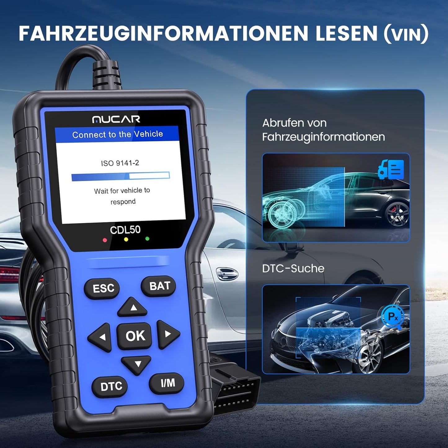 OBD2 Diagnosegerät, MUCAR CDL50 OBD2/EOBD Diagnosegerät Auto Mit Vollen OBD2-Funktionen, Auto Auslesegerät Motor-Fehlercode lesen,One Touch I/M Bereitschaftstaste