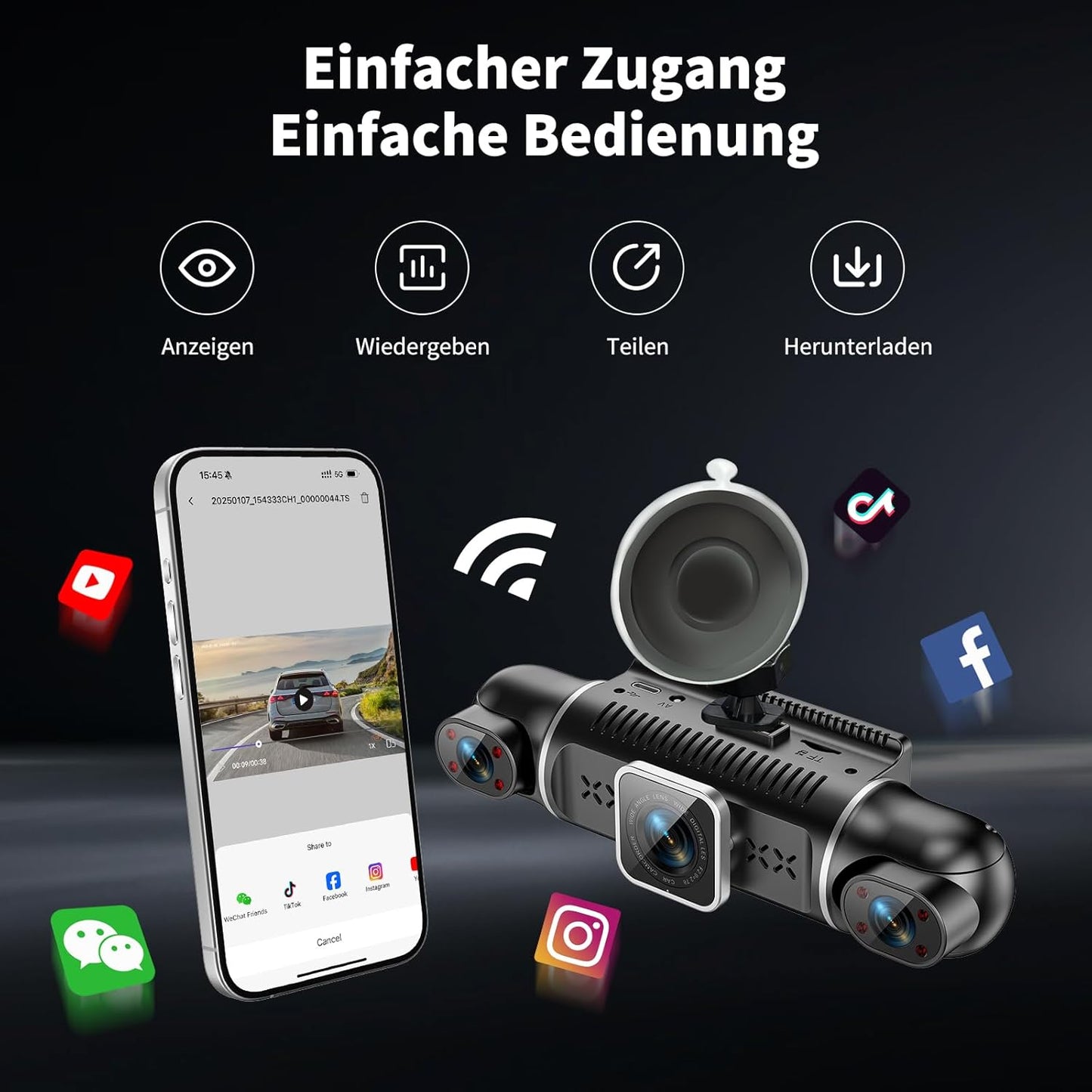 4 Kanal Dashcam Auto Vorne Hinten 4K/1080P,360° Dasch-Cam Auto mit 64GB SD-Karte,3" IPS-Bildschirm,4X 140° Weitwinkel,WDR Nachtsicht (8 IR-LEDs),G-Sensor,Dashcam mit parküberwachung,Loop-Aufnahme,WiFi