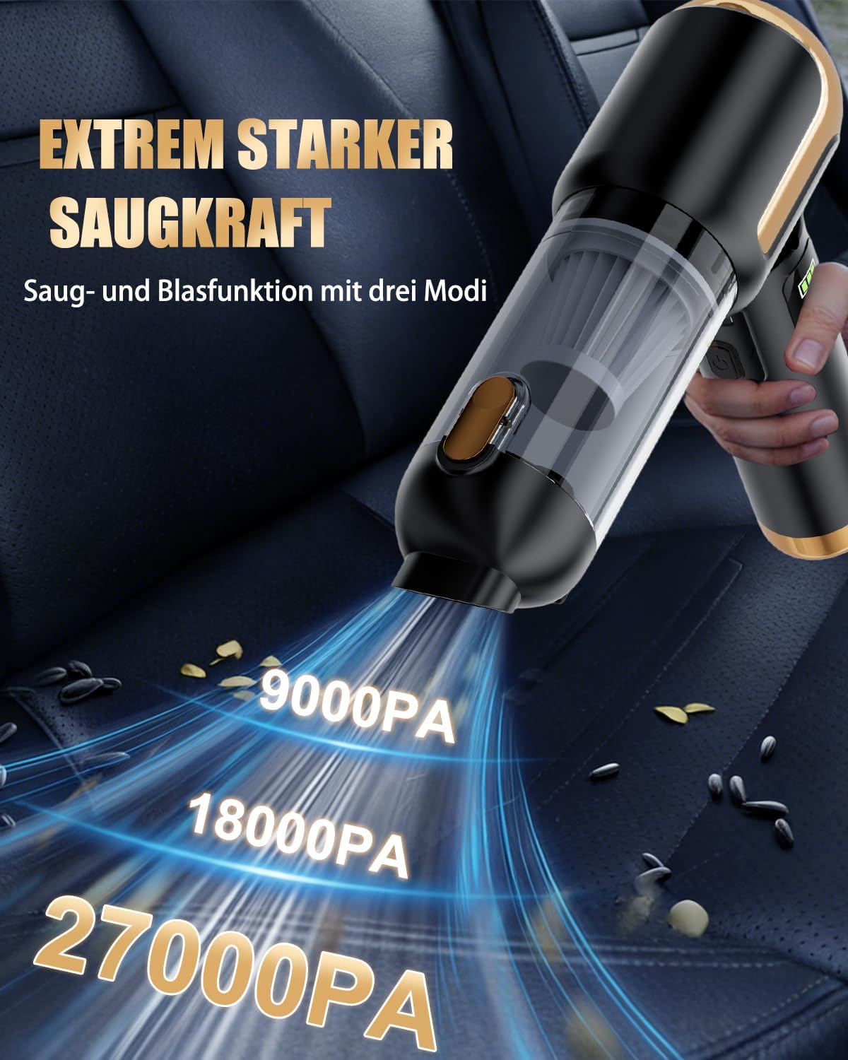 Handstaubsauger Akku Kabellos, Autostaubsauger 27000Pa Mini Staubsauger, Aufladbar Tragbar Leicht Auto Staubsaug Stark, 220000 U/min Elektrische Staubgebläse für den Auto,Küche,PC, Sofa, Büro,schwarz