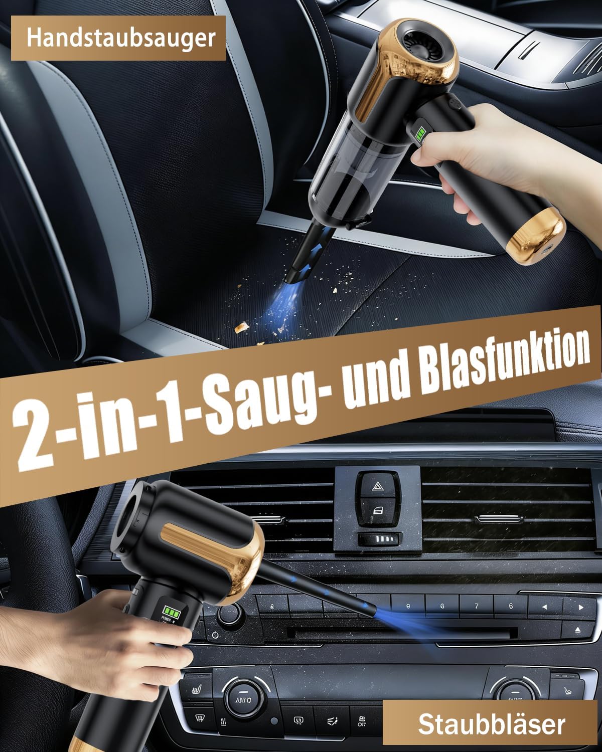 Handstaubsauger Akku Kabellos, Autostaubsauger 27000Pa Mini Staubsauger, Aufladbar Tragbar Leicht Auto Staubsaug Stark, 220000 U/min Elektrische Staubgebläse für den Auto,Küche,PC, Sofa, Büro,schwarz