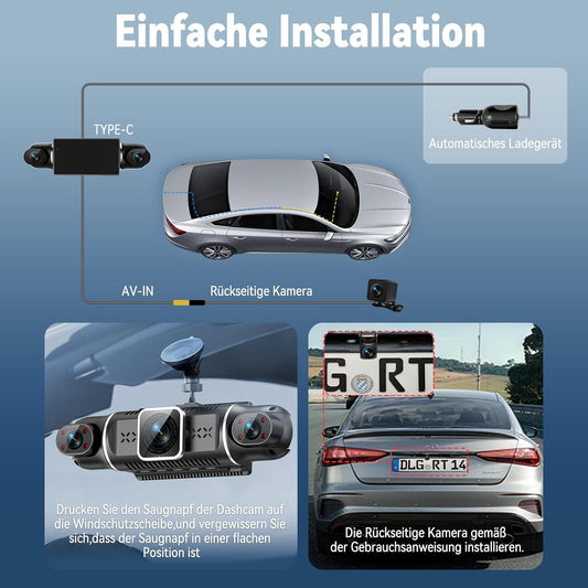 4 Kanal Dashcam Auto Vorne Hinten 4K/1080P,360° Dasch-Cam Auto mit 64GB SD-Karte,3" IPS-Bildschirm,4X 140° Weitwinkel,WDR Nachtsicht (8 IR-LEDs),G-Sensor,Dashcam mit parküberwachung,Loop-Aufnahme,WiFi