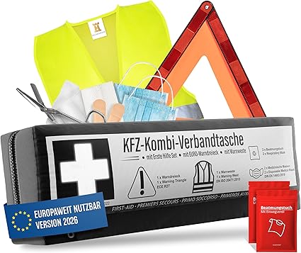 Erste Hilfe Set Auto 3in1 Norm 2026 Verbandskasten Warndreieck & Warnweste | Kombitasche Auto europaweit nutzbar, StVZO konform, Nach neuster Verordnung, kompakt & griffbereit, Wasserabweisend