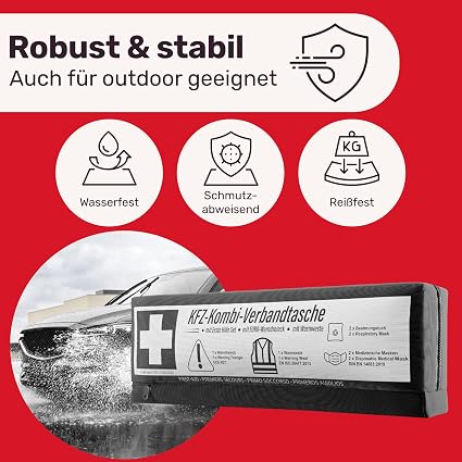 Erste Hilfe Set Auto 3in1 Norm 2026 Verbandskasten Warndreieck & Warnweste | Kombitasche Auto europaweit nutzbar, StVZO konform, Nach neuster Verordnung, kompakt & griffbereit, Wasserabweisend
