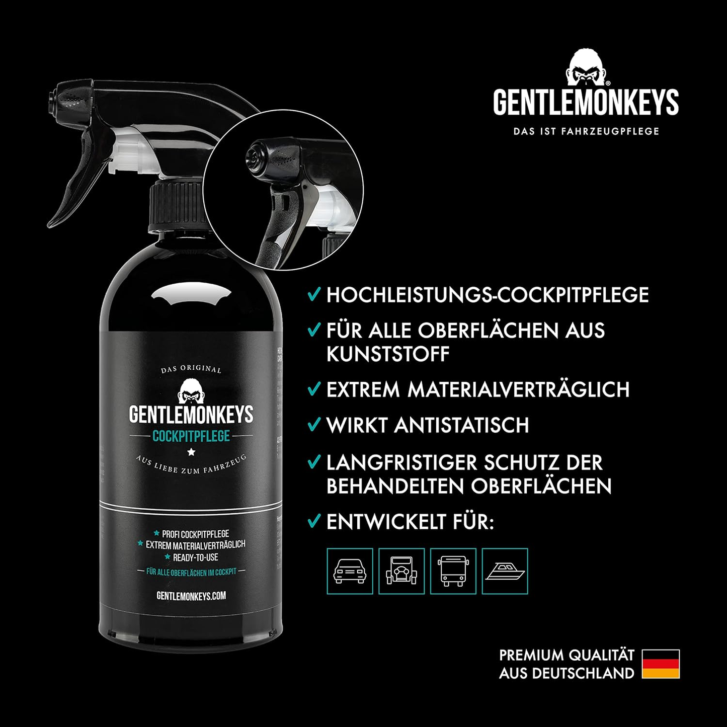 GENTLEMONKEYS Cockpitpflege Set – Tiefenreinigung & Farbauffrischung für dein Auto (500ml + Mikrofasertuch)